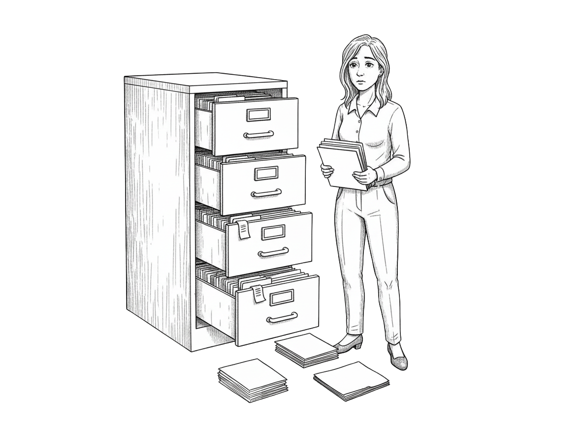Illustration of overloaded document cabinet