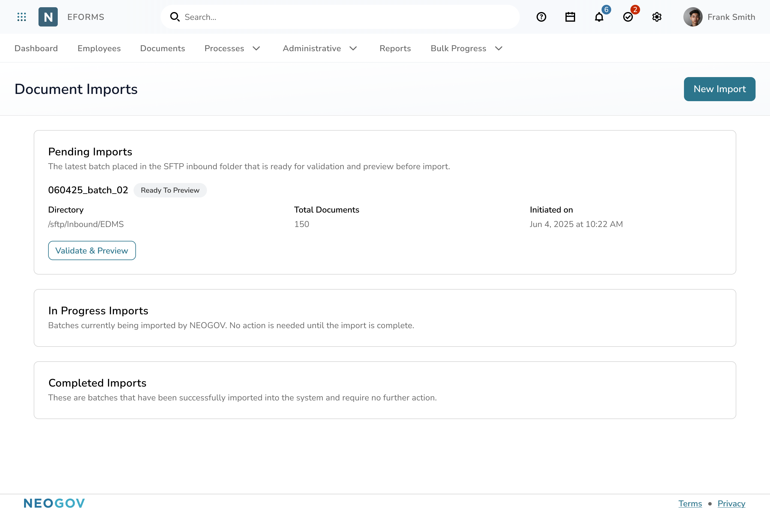 Document imports dashboard showing pending, in progress, and completed import batches with details for a ready to preview file.