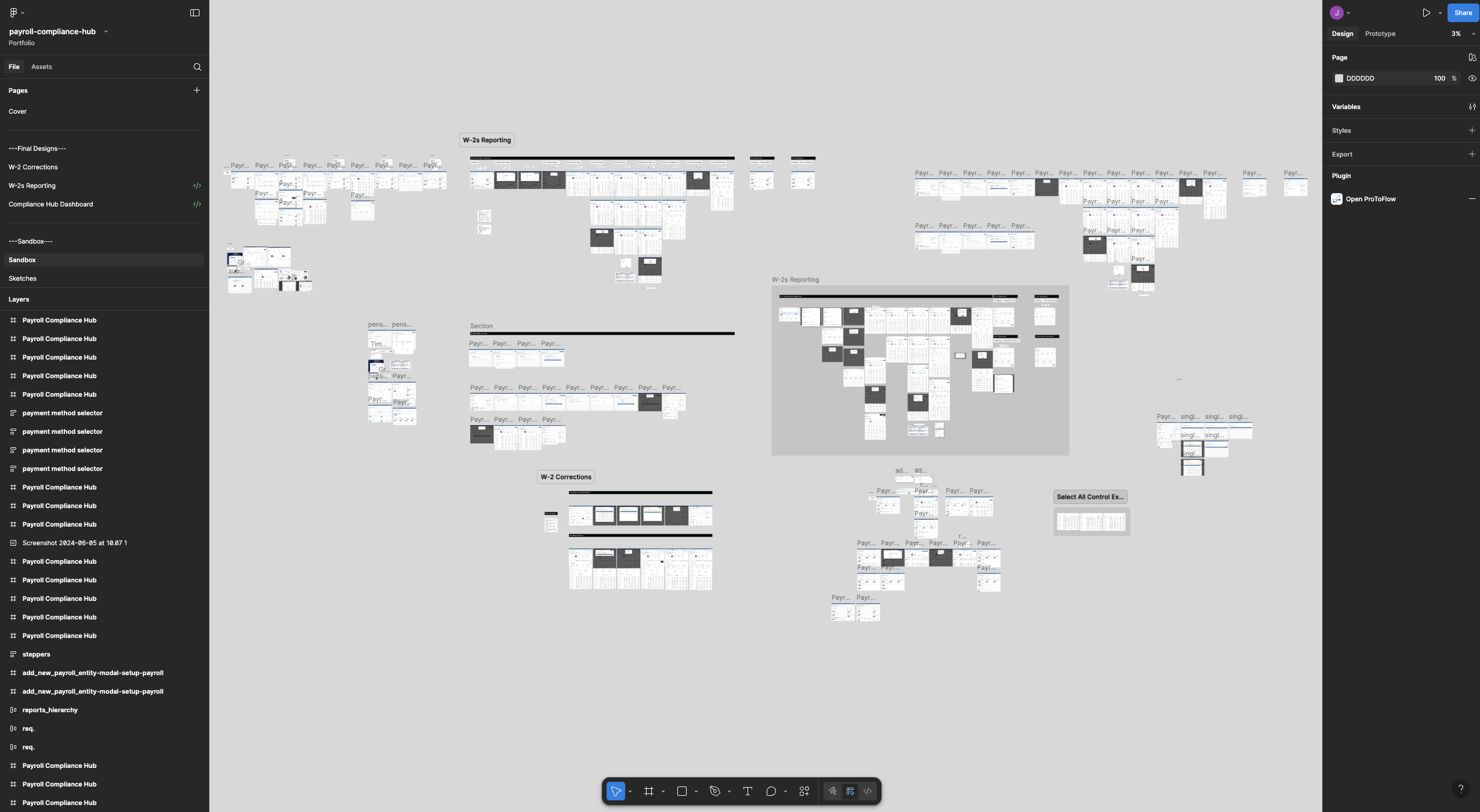 Figma canvas showing a large collection of payroll compliance hub wireframes, grouped into sections like W-2 Reporting and W-2 Corrections.