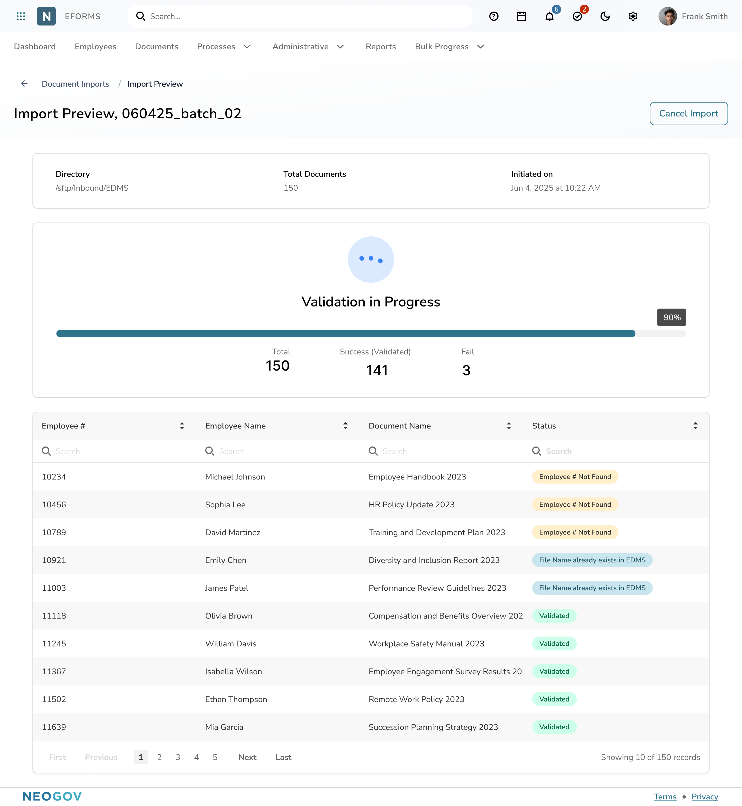 Document import validation screen showing progress bar and list of records with error and success statuses.