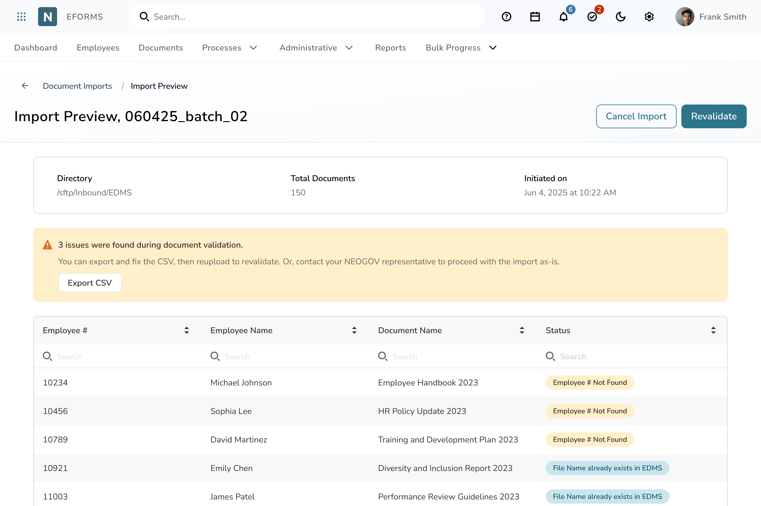 Import preview page showing a document validation summary with three issues found and a table listing employee records with status errors like Employee number not found and File name already exists.