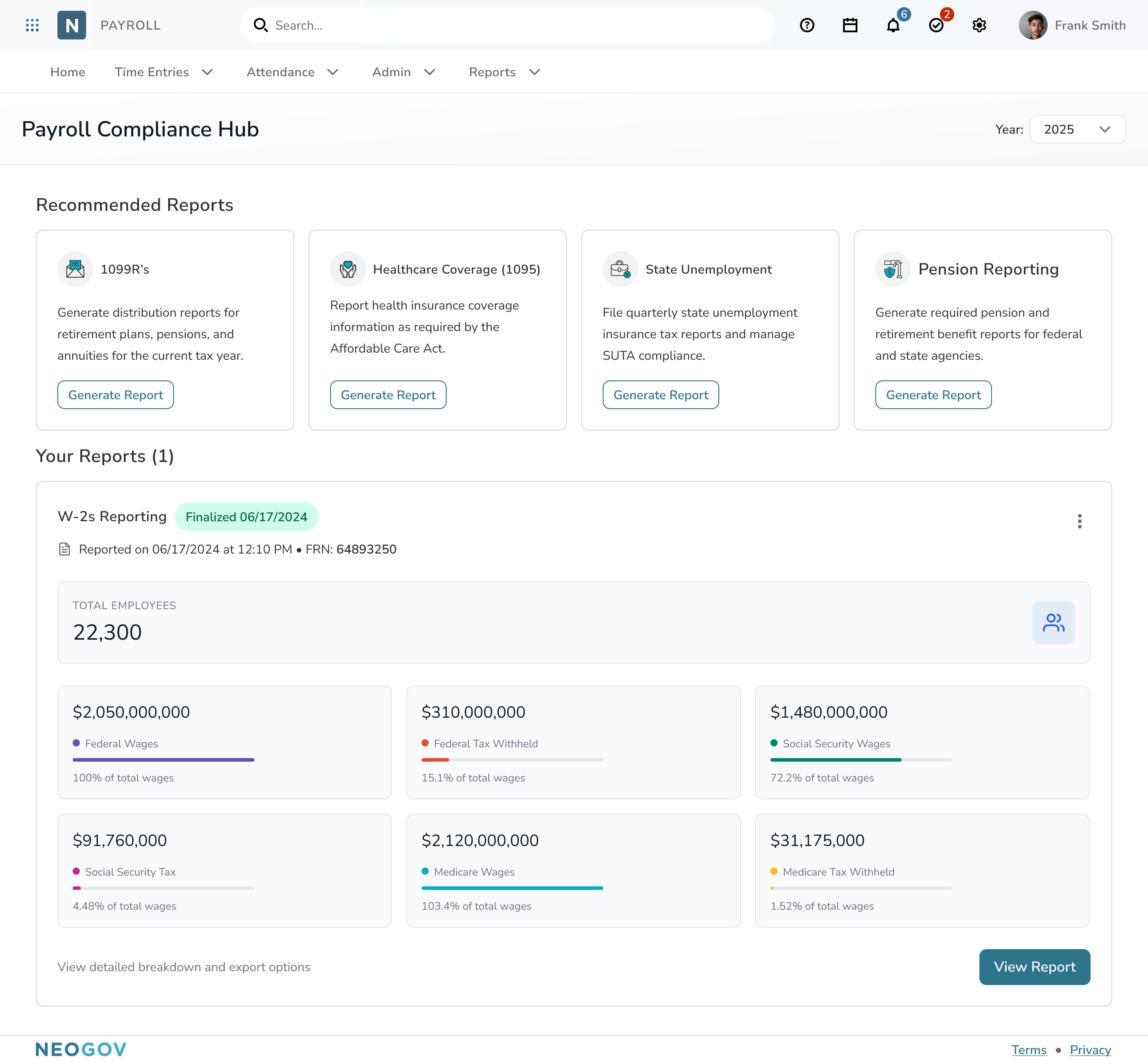 Payroll Compliance Hub page showing a completed W-2s Reporting card with finalized totals and wage breakdown charts.